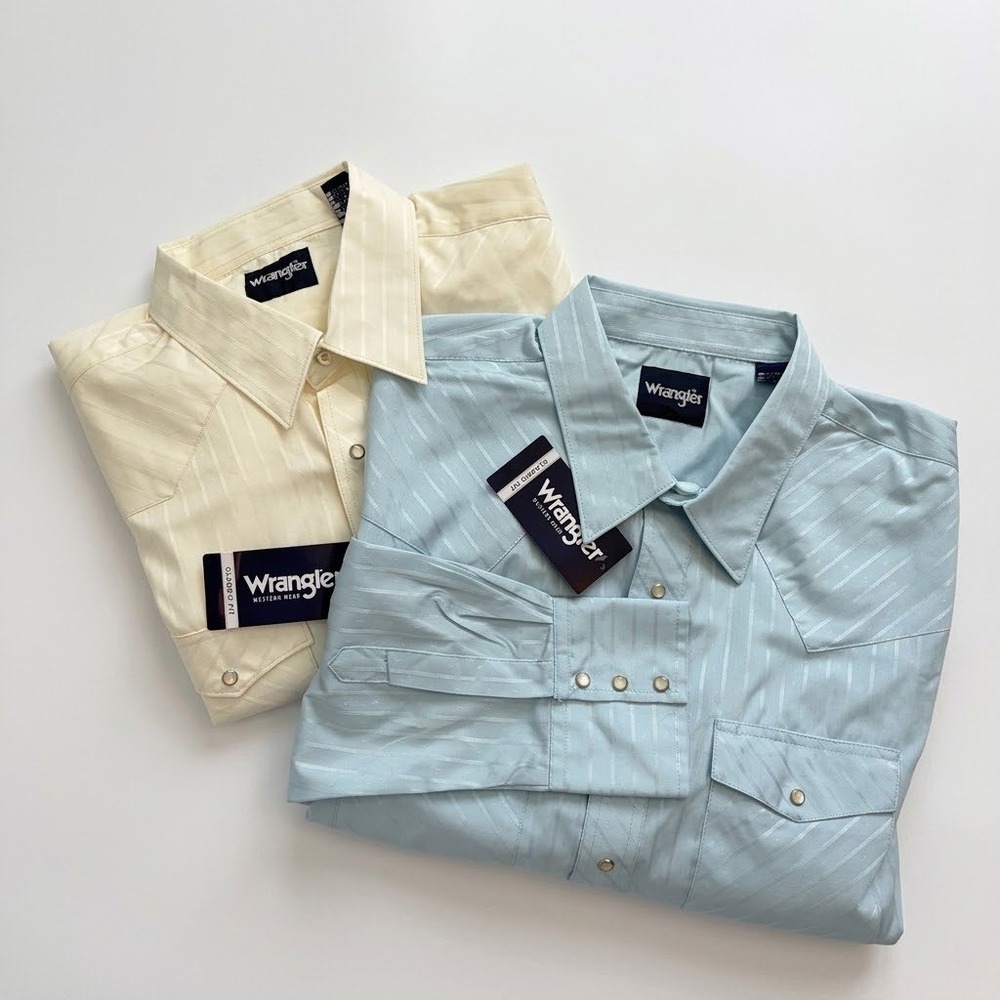 NEW Wrangler Mens 2XLT Western Snap Shirts Bundle Blue Cream Dobby Stripe 2PK